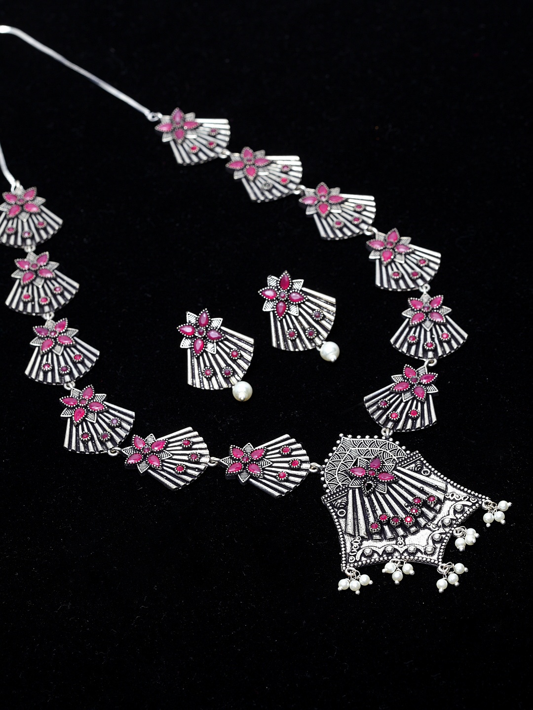 

PANASH Oxidized Silver-Plated & Pink Artificial Stone-Studded Handcrafted Jewellery Set