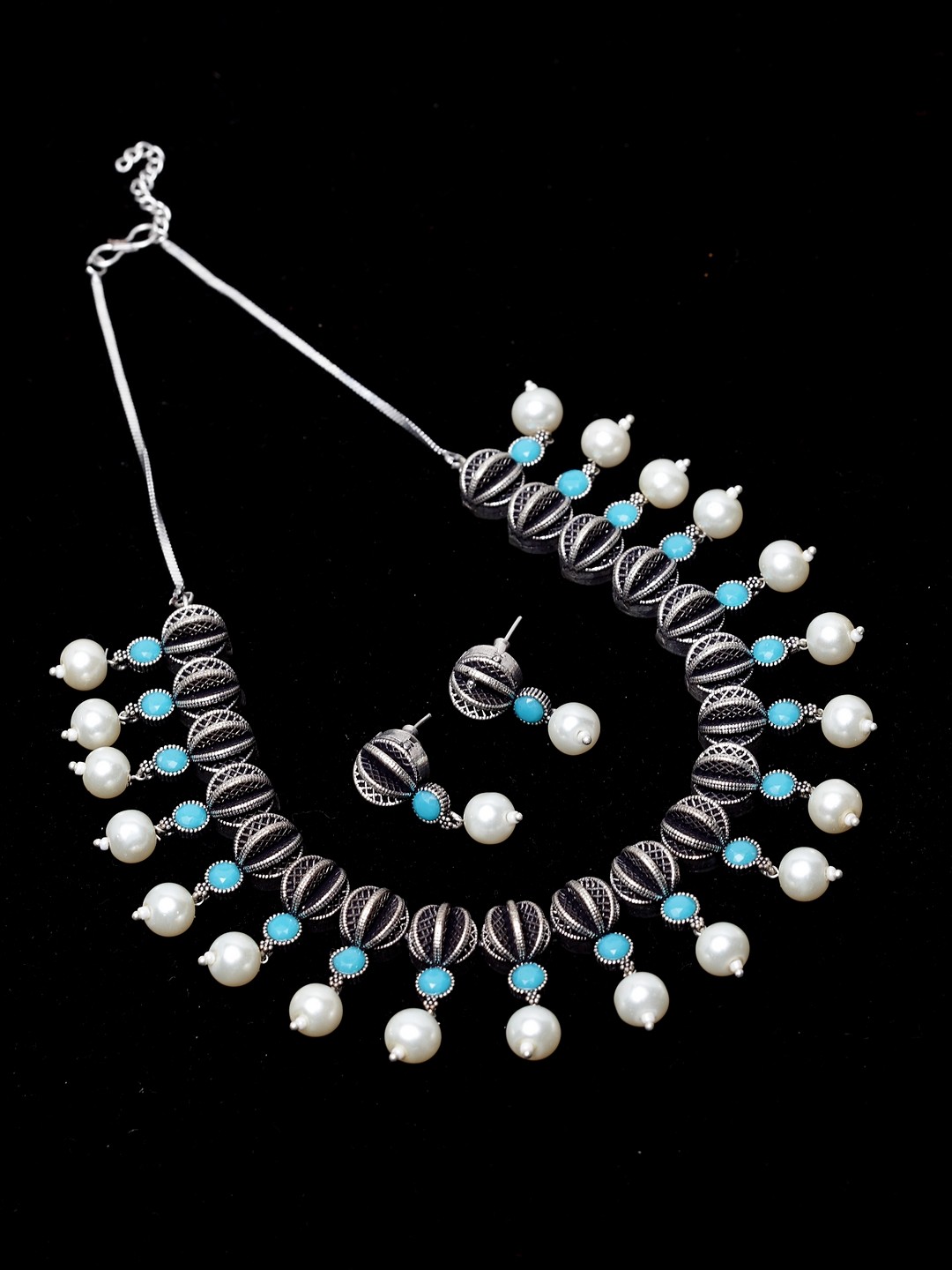 

PANASH Oxidized Silver-Plated & Blue Artificial Stone-Studded Handcrafted Jewellery Set