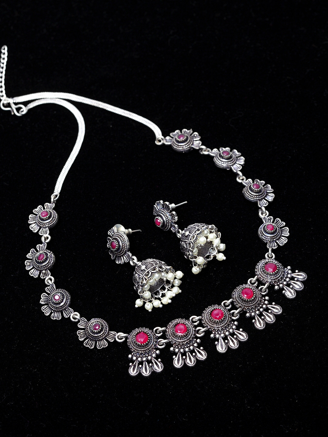 

PANASH Oxidized Silver-Plated & Pink Artificial Stone-Studded Handcrafted Jewellery Set