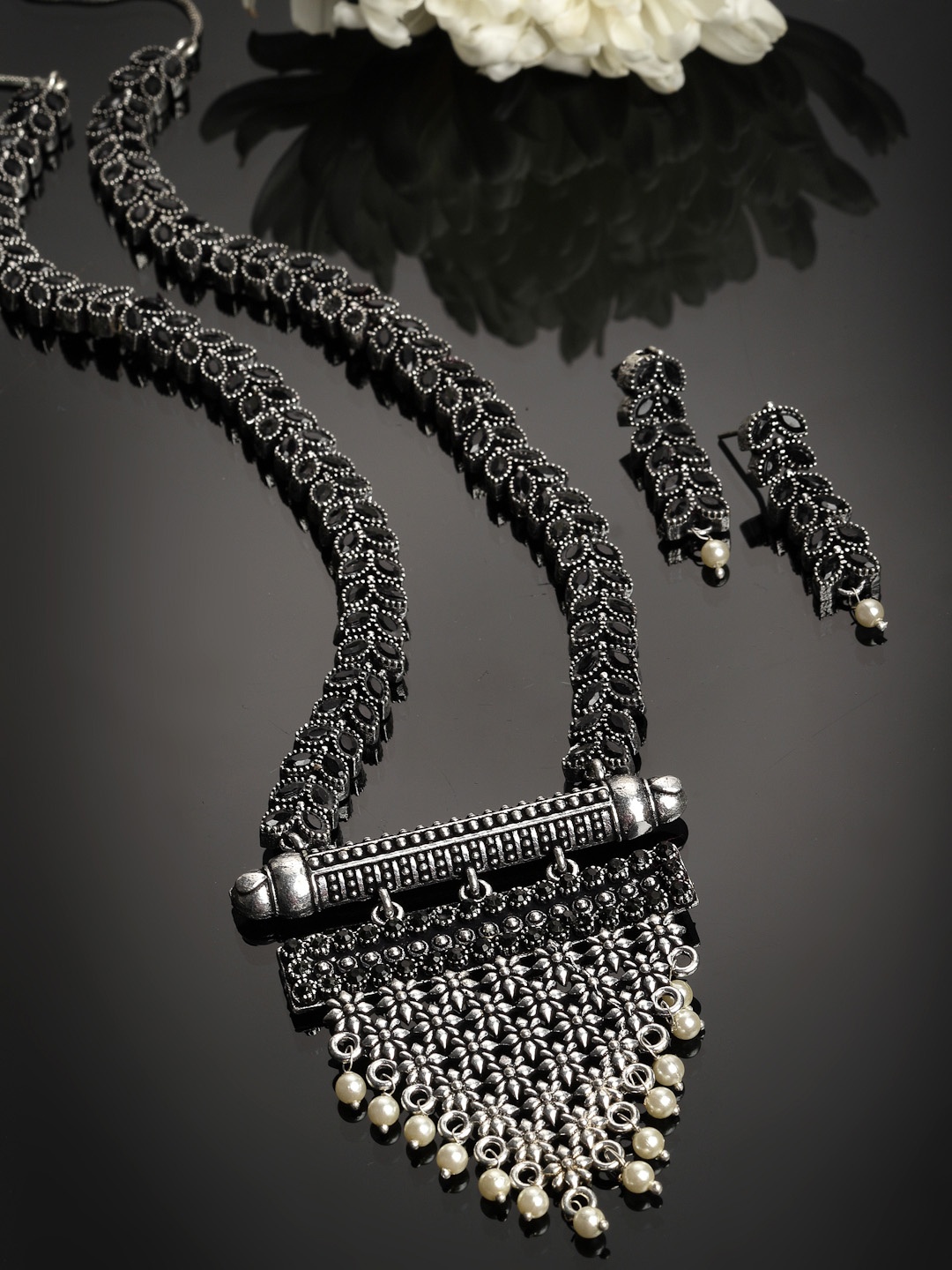 

PANASH Oxidized Silver-Plated & Black Artificial Stone-Studded Handcrafted Jewellery Set