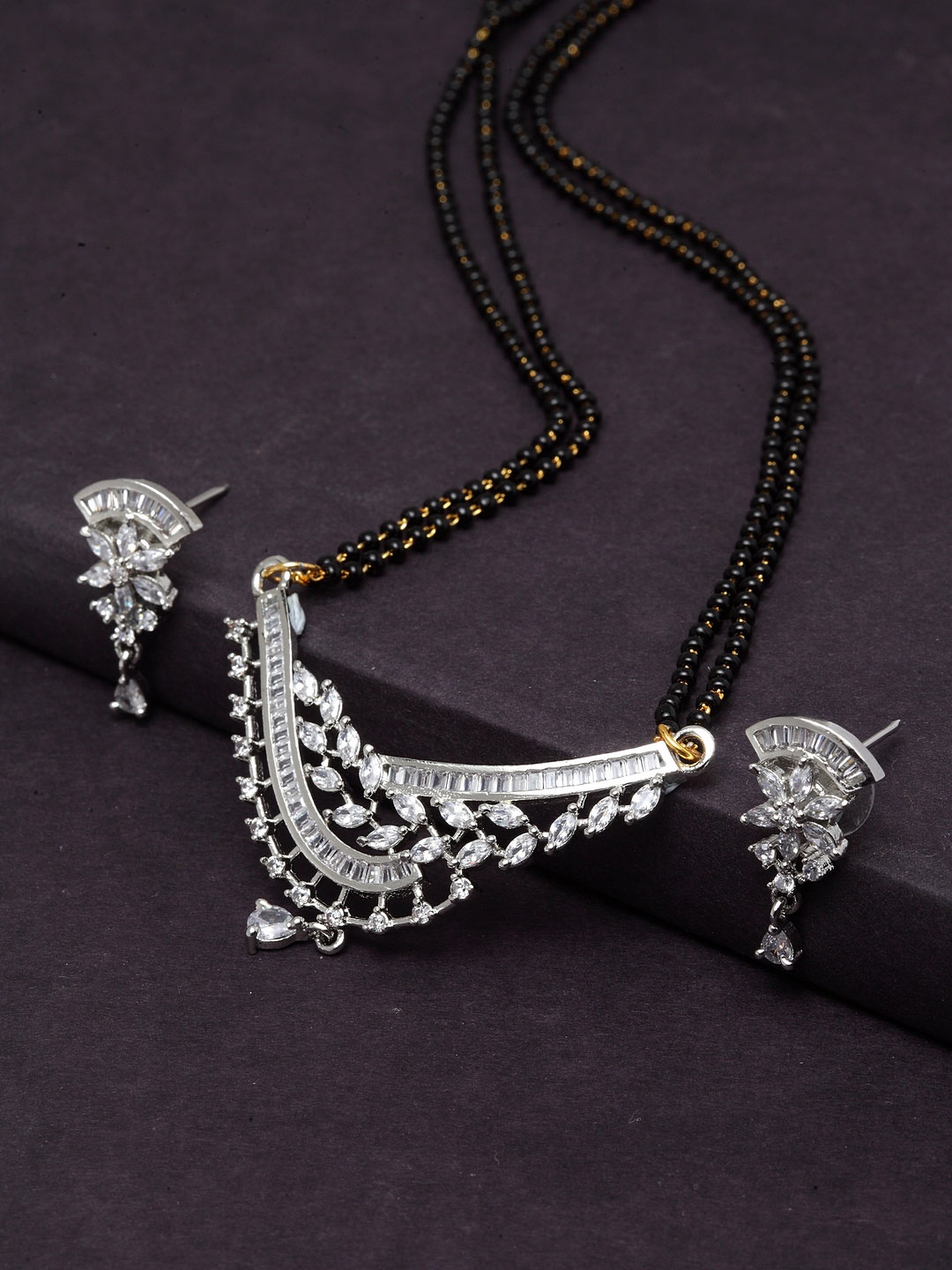 

PANASH Silver-Plated Gold-Toned & Black CZ-Studded Beaded Mangalsutra With Earrings