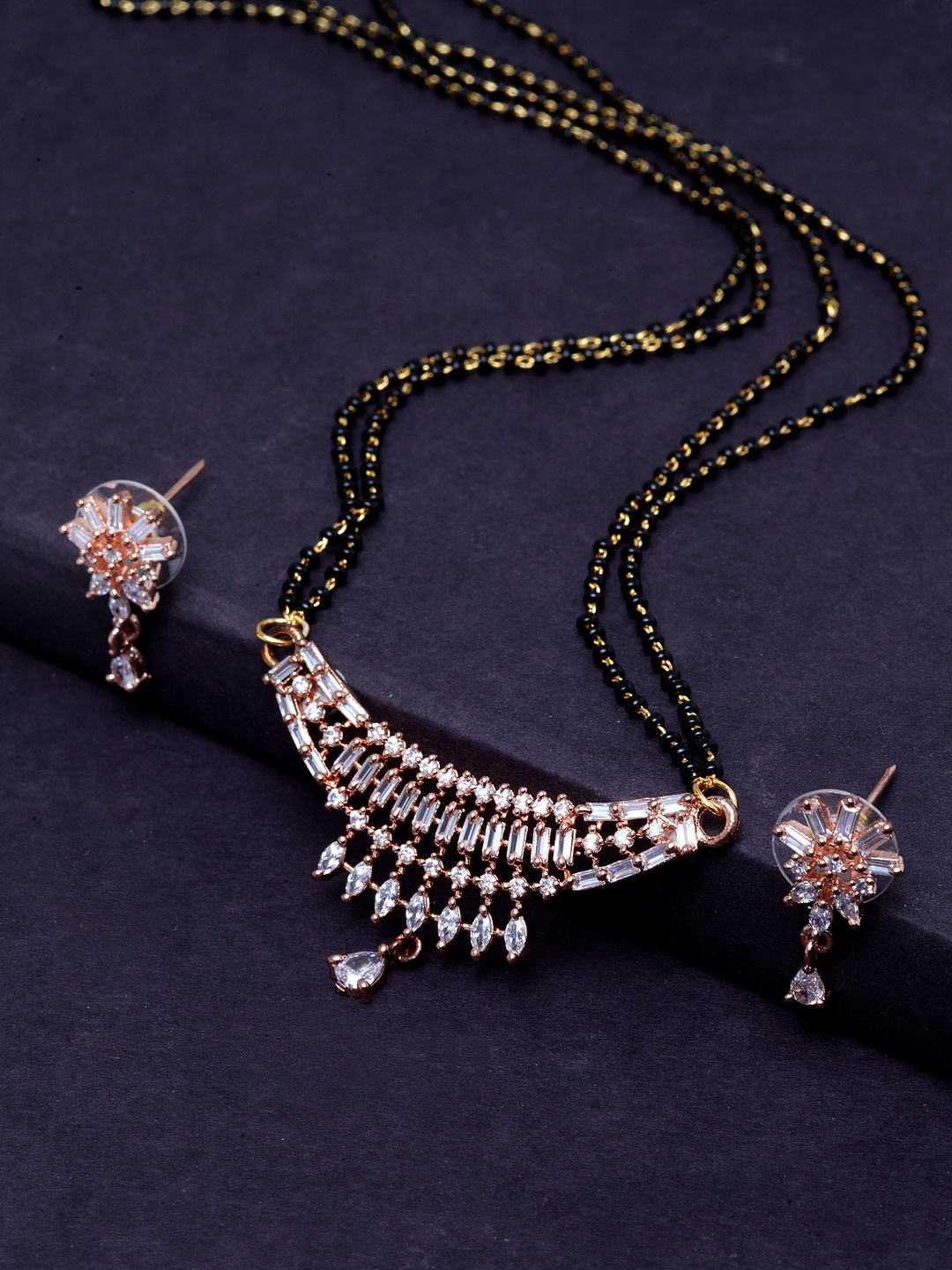 

PANASH Gold-Plated Black & White Beaded CZ-Studded Mangalsutra & Earrings Set