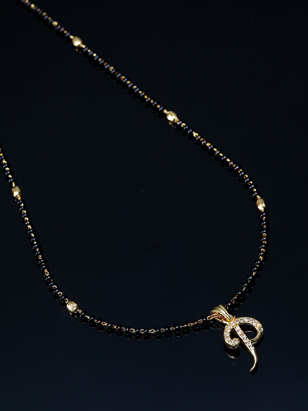

PANASH Gold-Plated Black & White CZ-Studded Beaded P-Shaped Mangalsutra