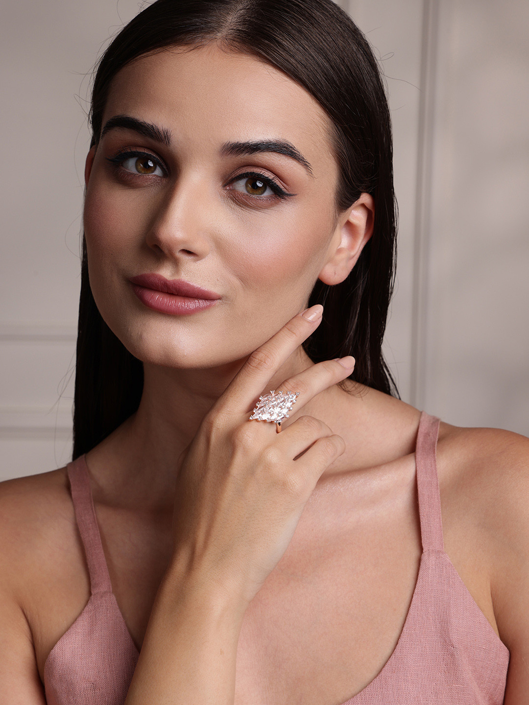 

PANASH Rose Gold-Plated Solitaire AD-Studded Handcrafted Adjustable Finger Ring
