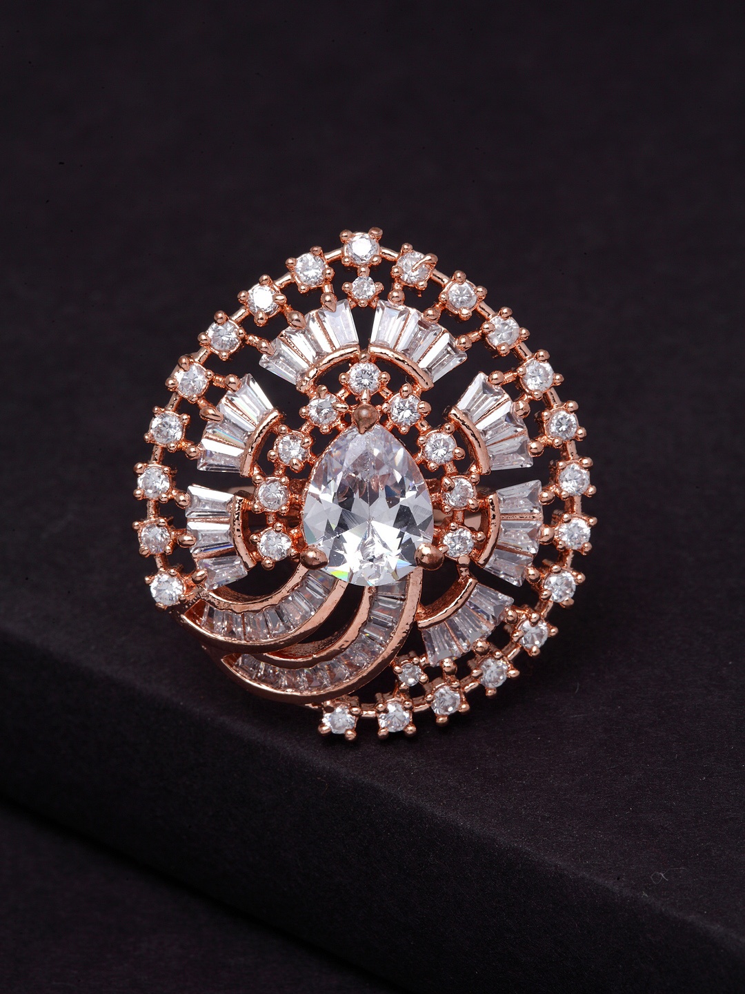 

PANASH Rose Gold-Plated White AD-Studded Solitaire Handcrafted Adjustable Finger Ring