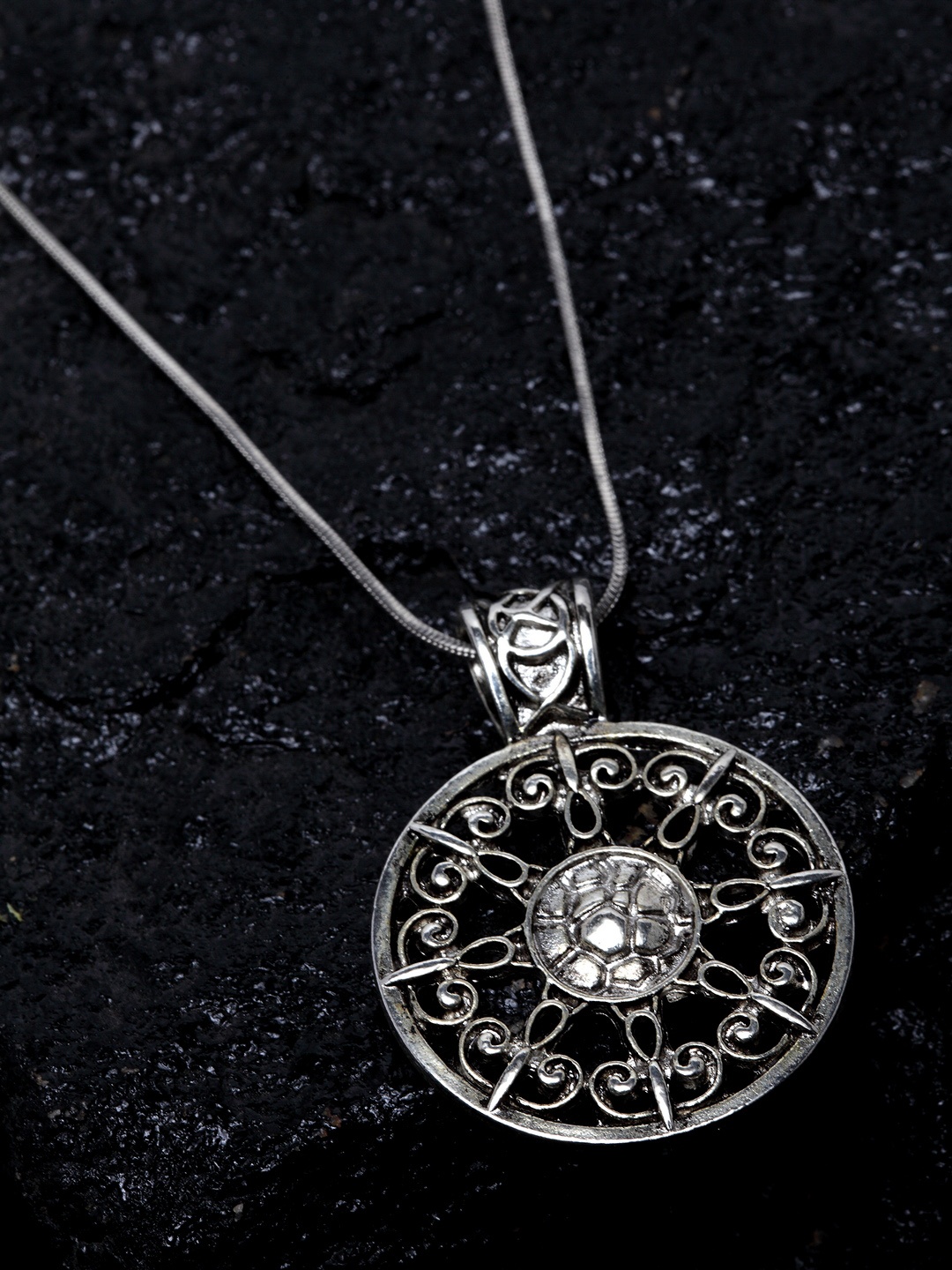

PANASH Oxidised Silver-Plated Circular Shaped Pendant With Chain