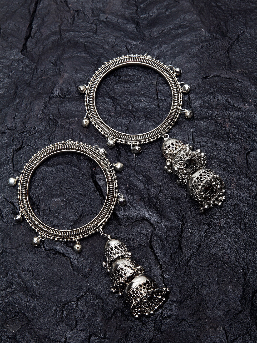 

PANASH Set Of 2 Oxidised Silver-Plated Dangler Bangles