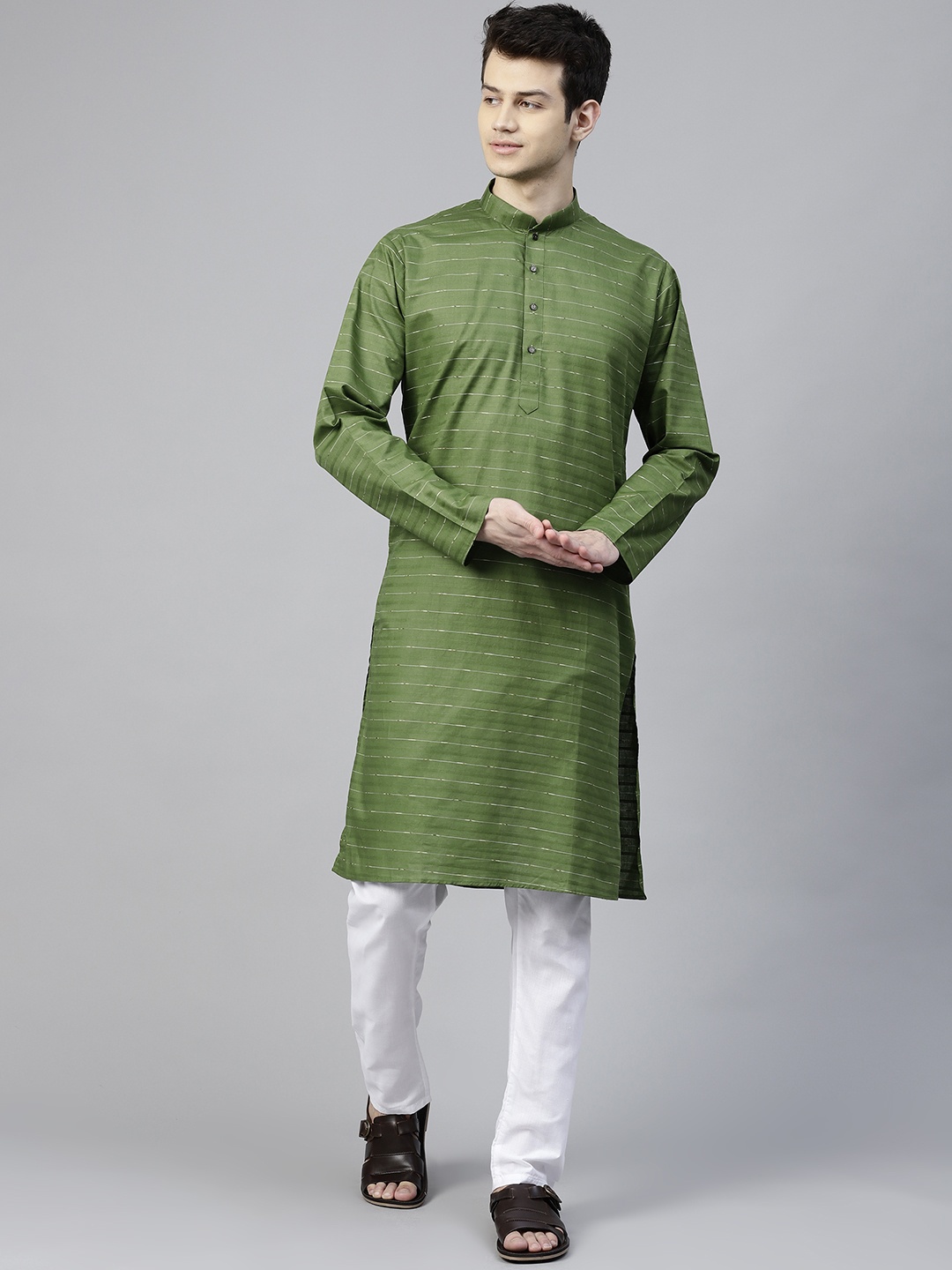 

MANQ Men Green & White Striped Kurta with Pyjamas