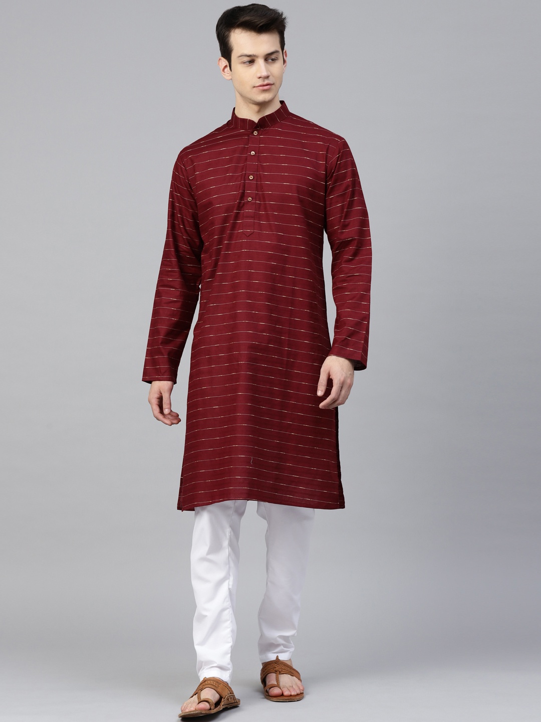 

MANQ Men Burgundy & White Striped Kurta with Pyjamas