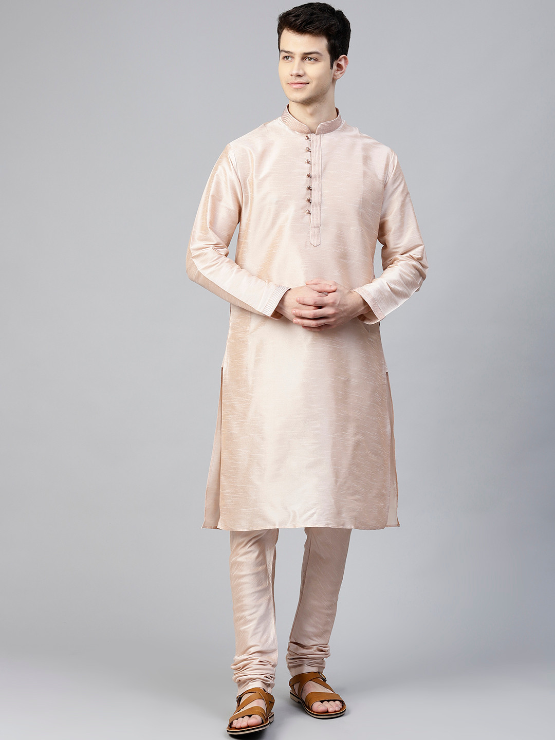 

MANQ Men Peach-Coloured Solid Kurta with Churidar