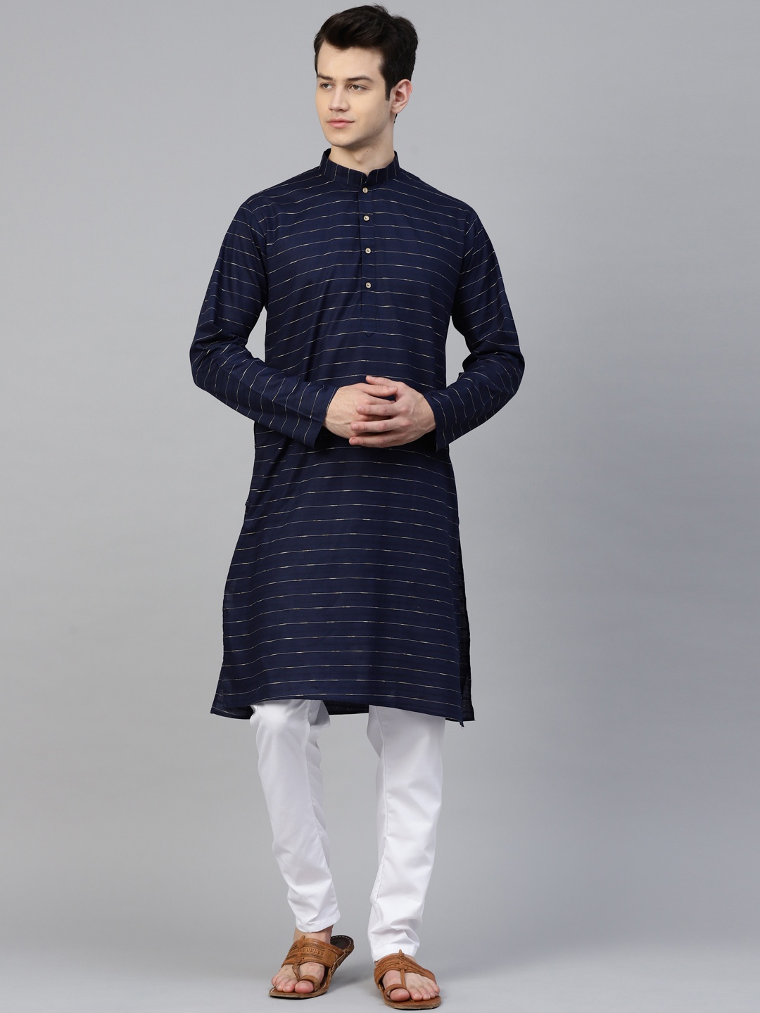 

MANQ Men Navy Blue & White Striped Kurta with Pyjamas