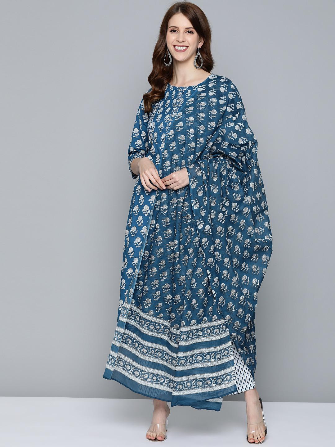 

HERE&NOW Women Teal Blue & White Printed Kurta with Trousers & Dupatta