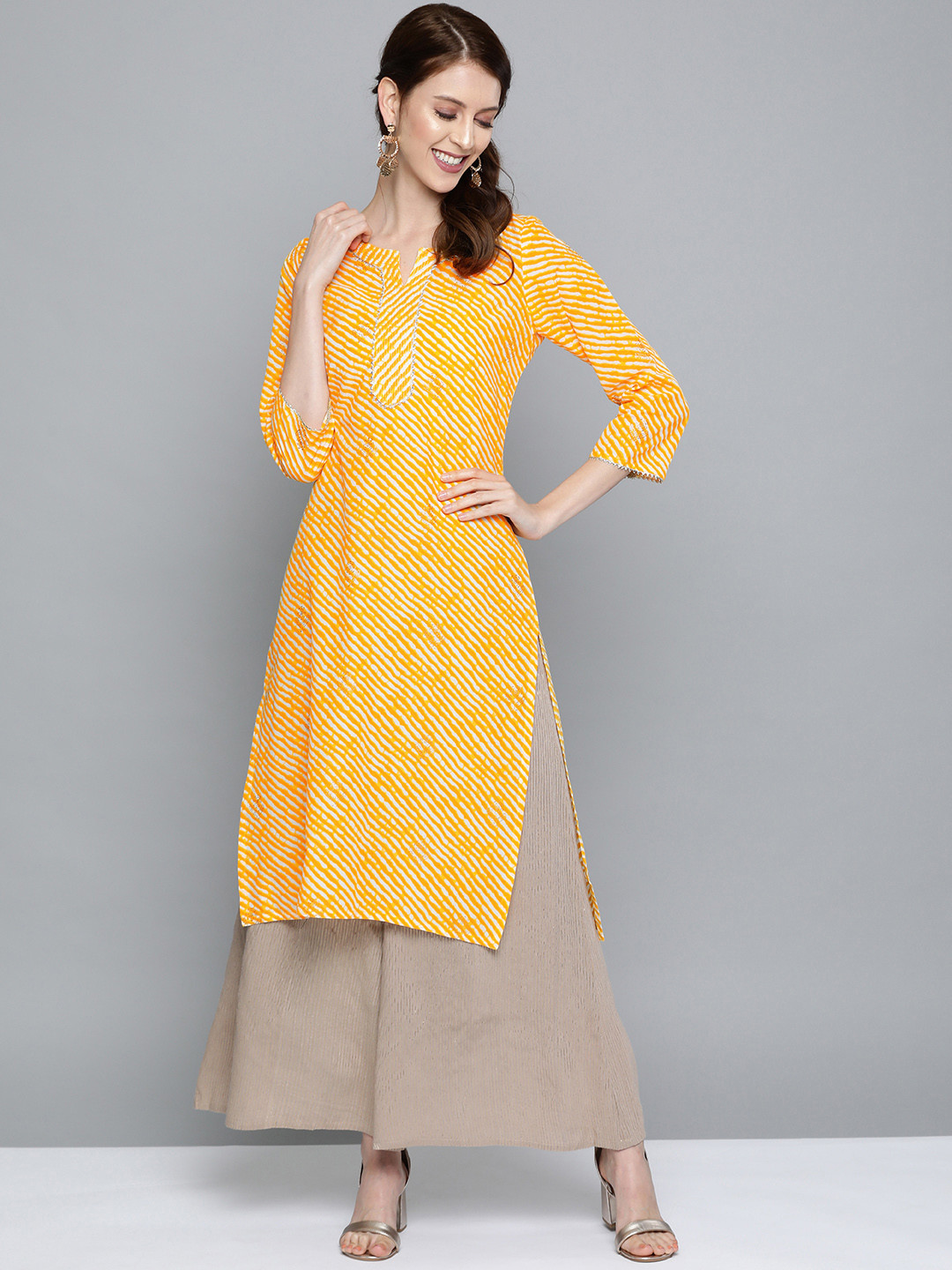 

HERE&NOW Women Yellow & White Leheriya Print Straight Kurta