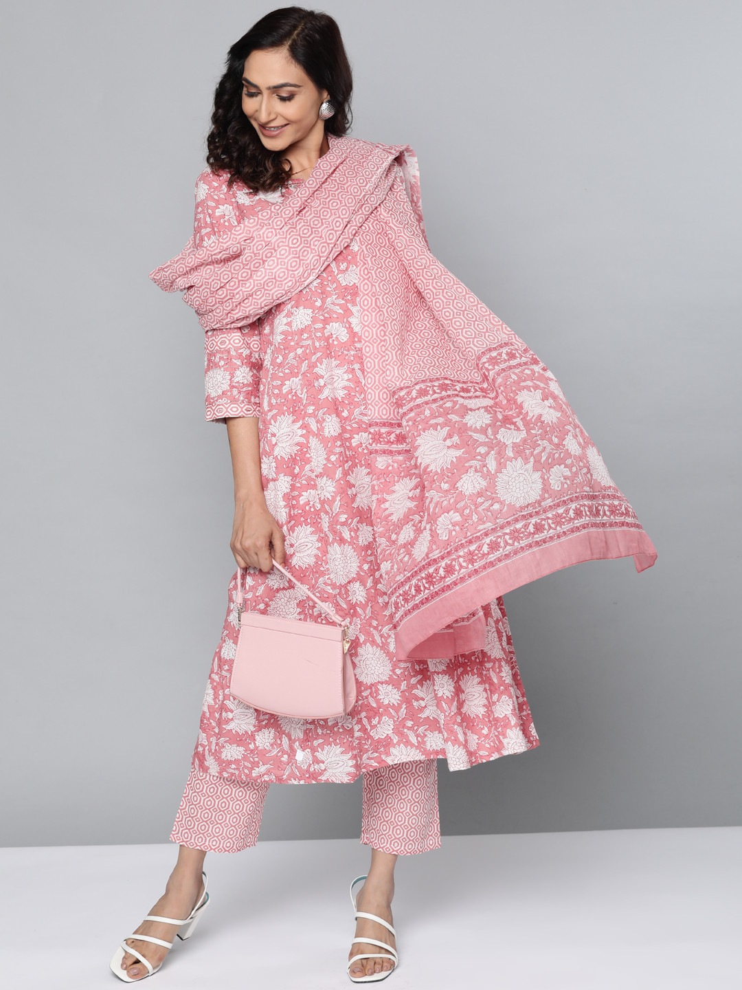 

HERE&NOW Women Pink & White Printed A-Line Kurta with Palazzos & Dupatta
