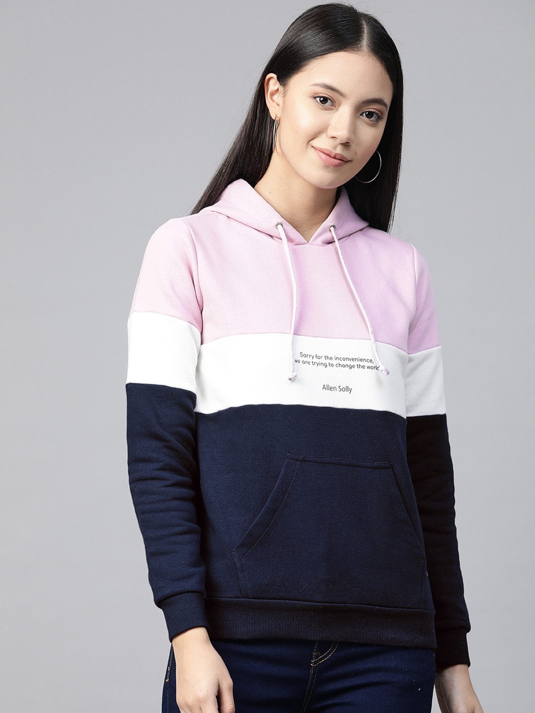

Allen Solly Woman Navy Blue & Lavender Colourblocked Hooded Sweatshirt