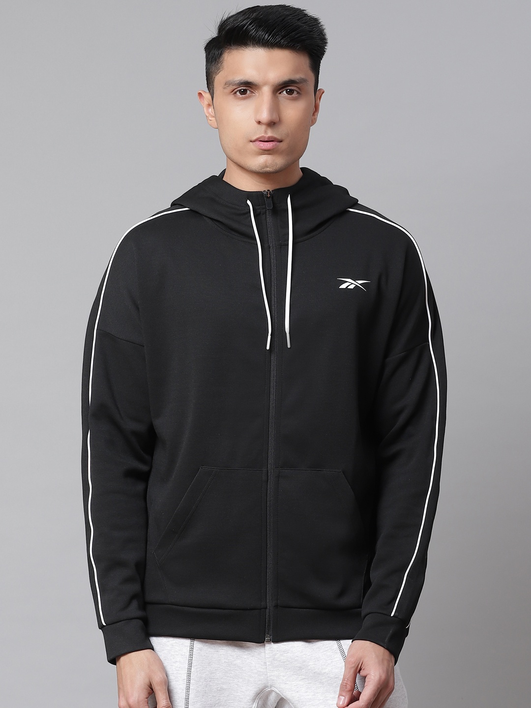 

Reebok Men Black Workout Ready Doubble Knit Full-Zip Lightweigth Solid Hooded Jacket