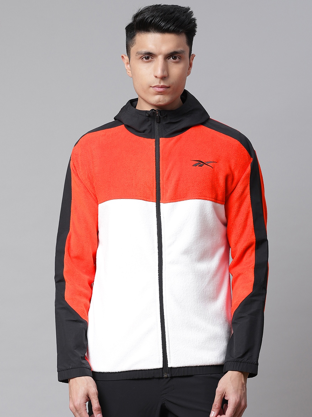 

Reebok Men Red & White Workout Ready Fleece Full-Zip Colourblocked Hooded Jacket