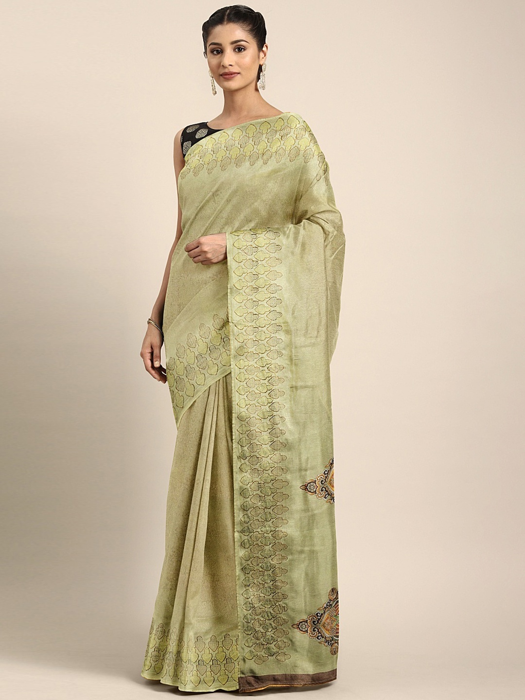 

Neerus Olive Green Solid Poly Silk Saree