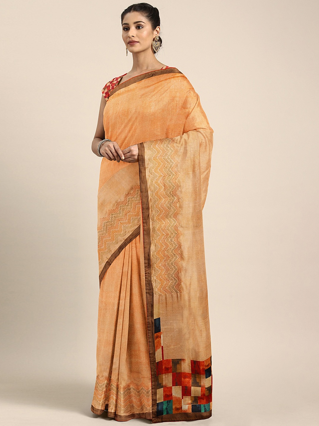 

Neerus Rust Orange Printed Poly Silk Saree
