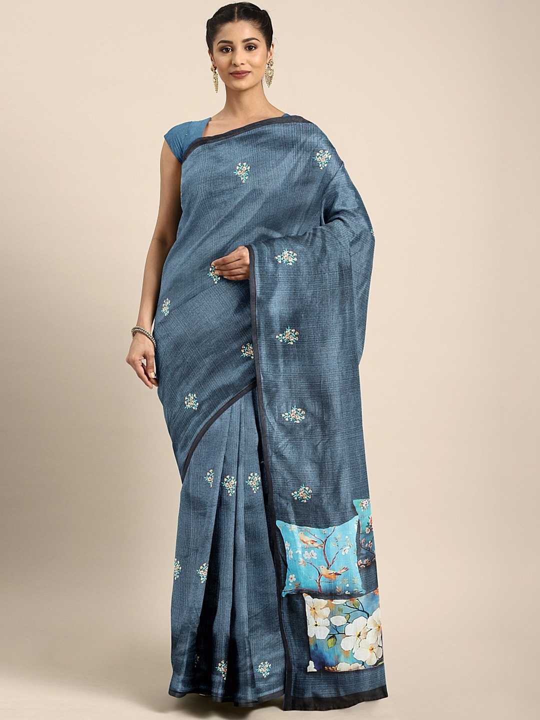 

Neerus Blue Printed Poly Silk Saree