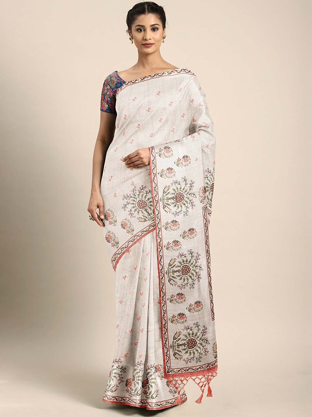 

Neerus Beige & Pink Art Silk Printed Saree