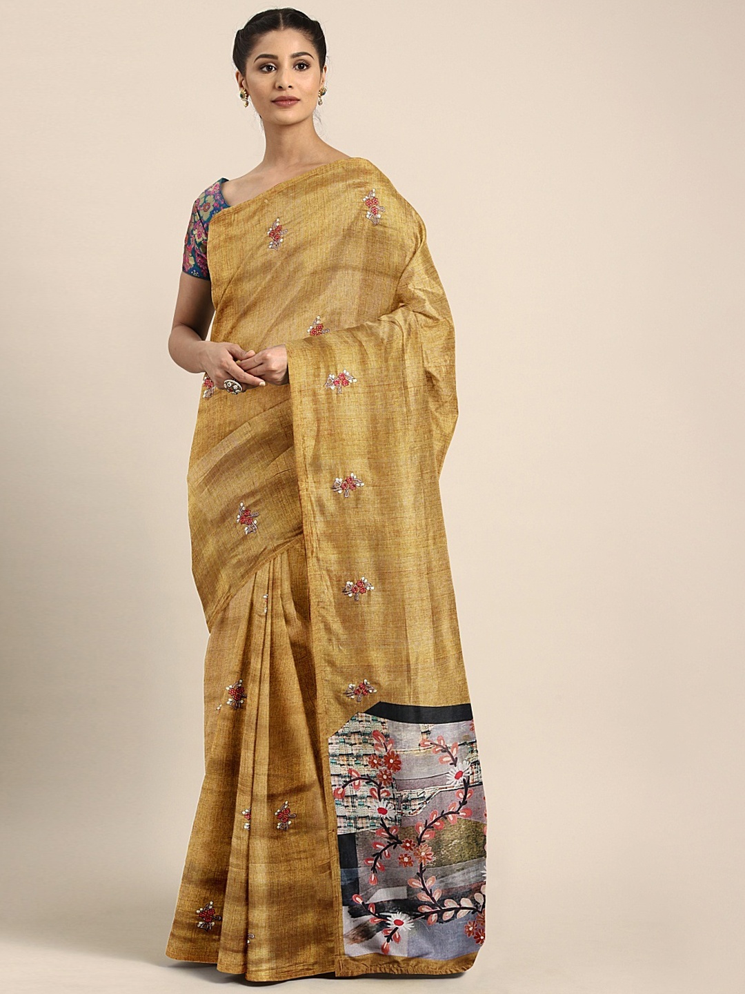 

Neerus Beige & Orange Poly Silk Floral Embroidered Saree