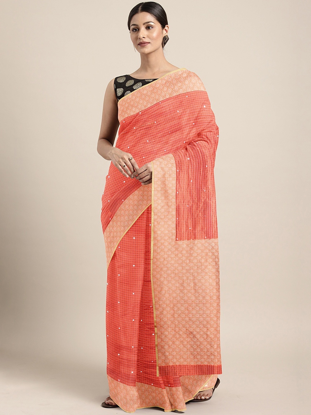 

Neerus Peach-Coloured Embroidered Silk Cotton Saree