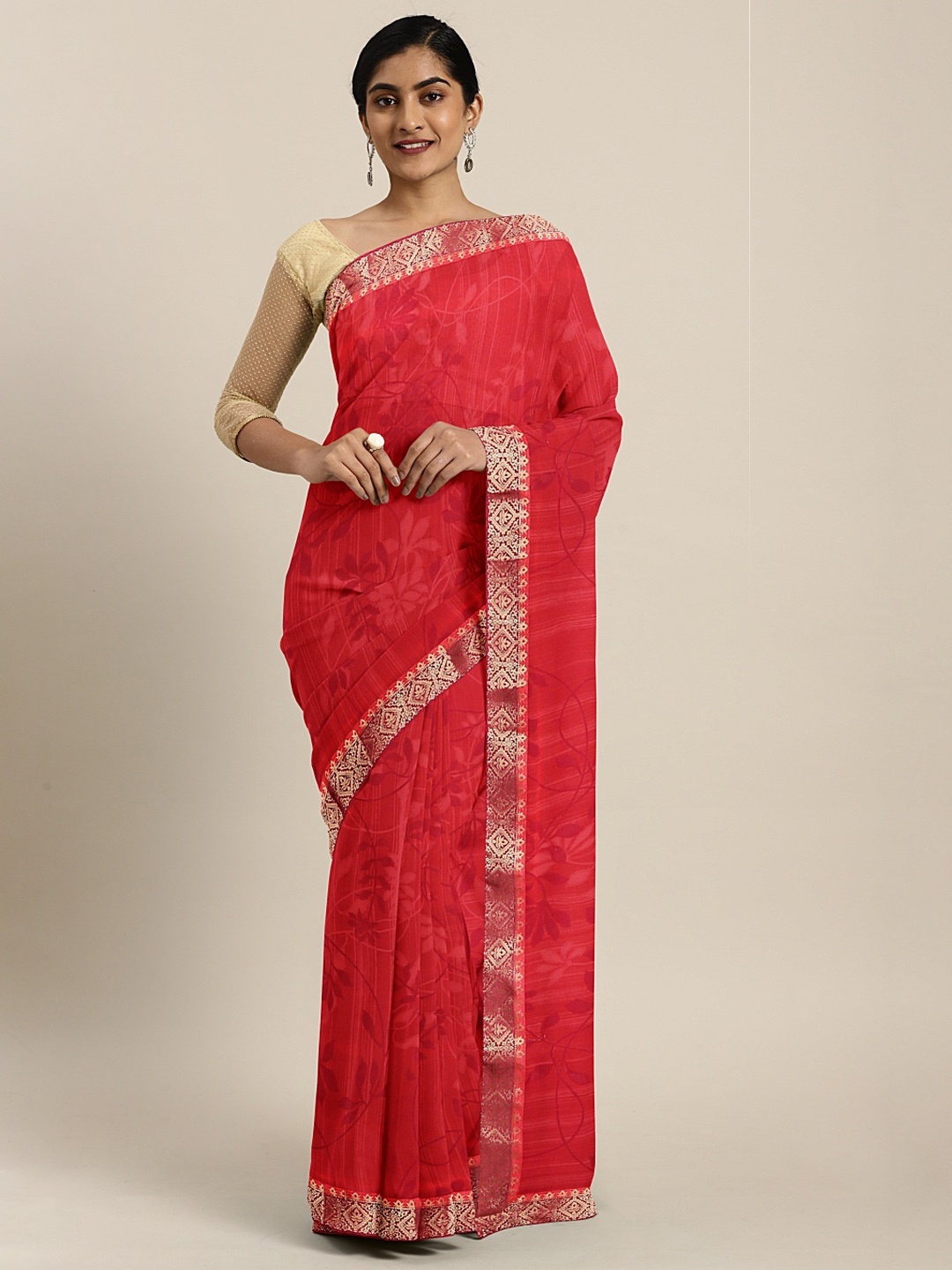 

Neerus Red Printed Poly Georgette Saree