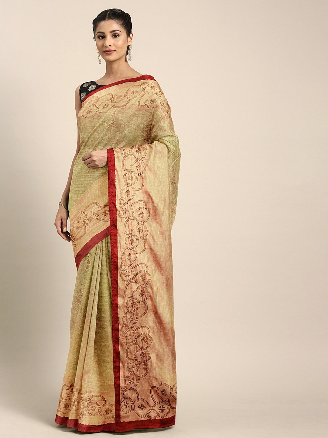 

Neerus Beige Printed Poly Silk Saree