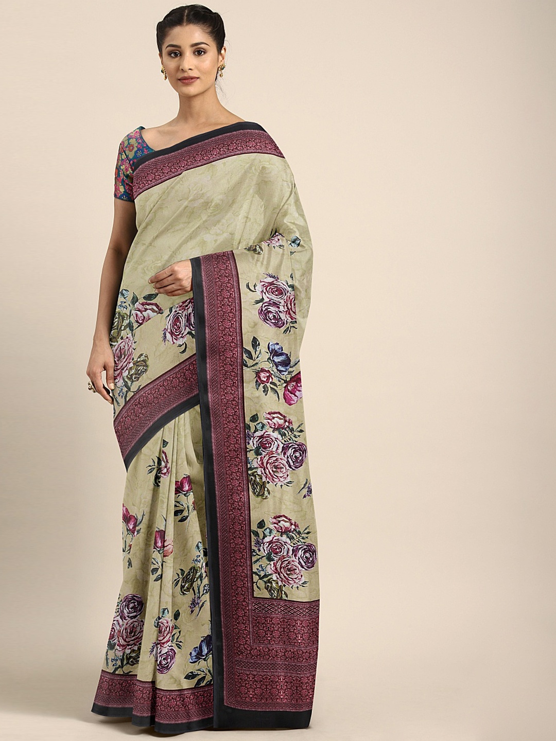 

Neerus Beige & Maroon Poly Crepe Printed Saree