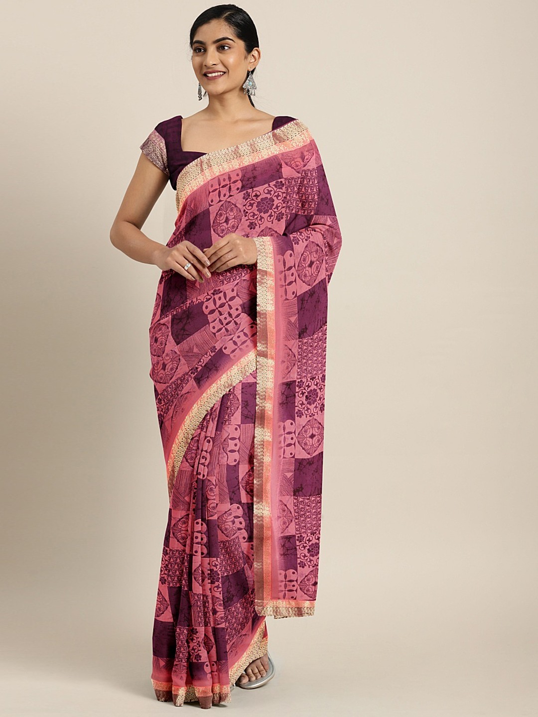 

Neerus Pink & Purple Poly Georgette Printed Saree