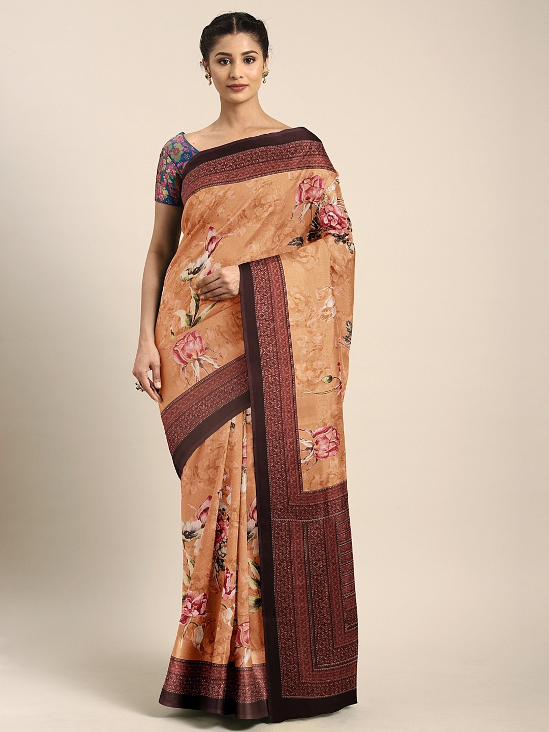 

Neerus Cream-Coloured & Pink Poly Crepe Floral Printed Saree
