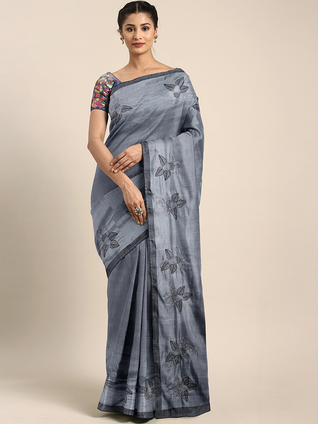 

Neerus Grey Floral Printed Poly Silk Saree