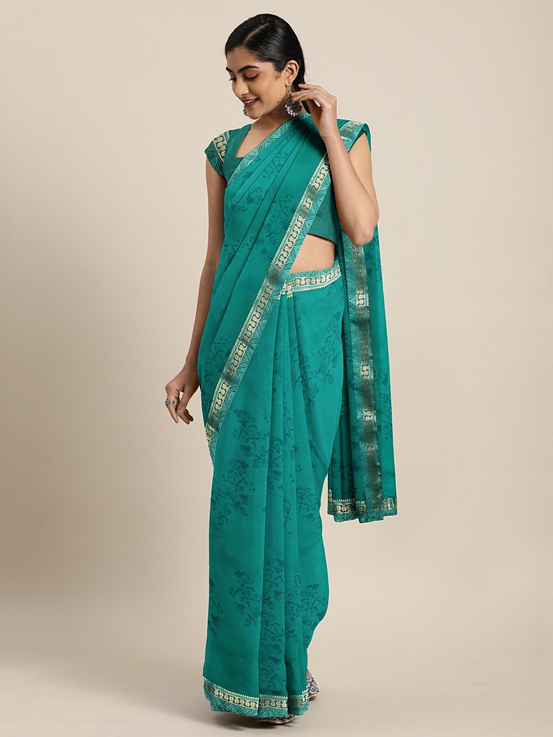 

Neerus Sea Green Printed Poly Georgette Saree