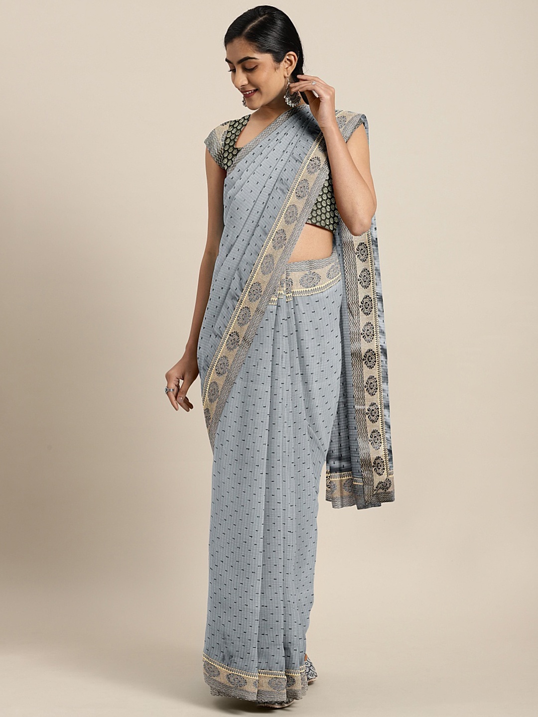 

Neerus Grey Woven Design Poly Georgette Saree
