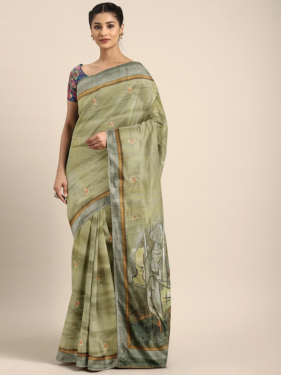 

Neerus Olive Green & Grey Poly Silk Printed Saree