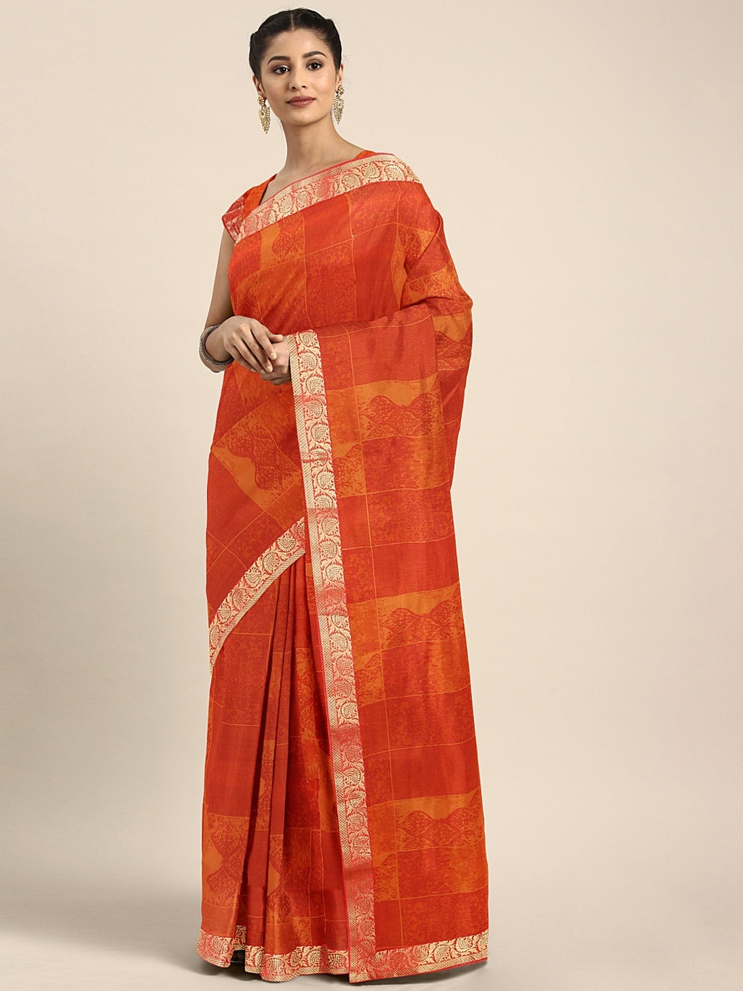 

Neerus Orange Checked Poly Crepe Saree