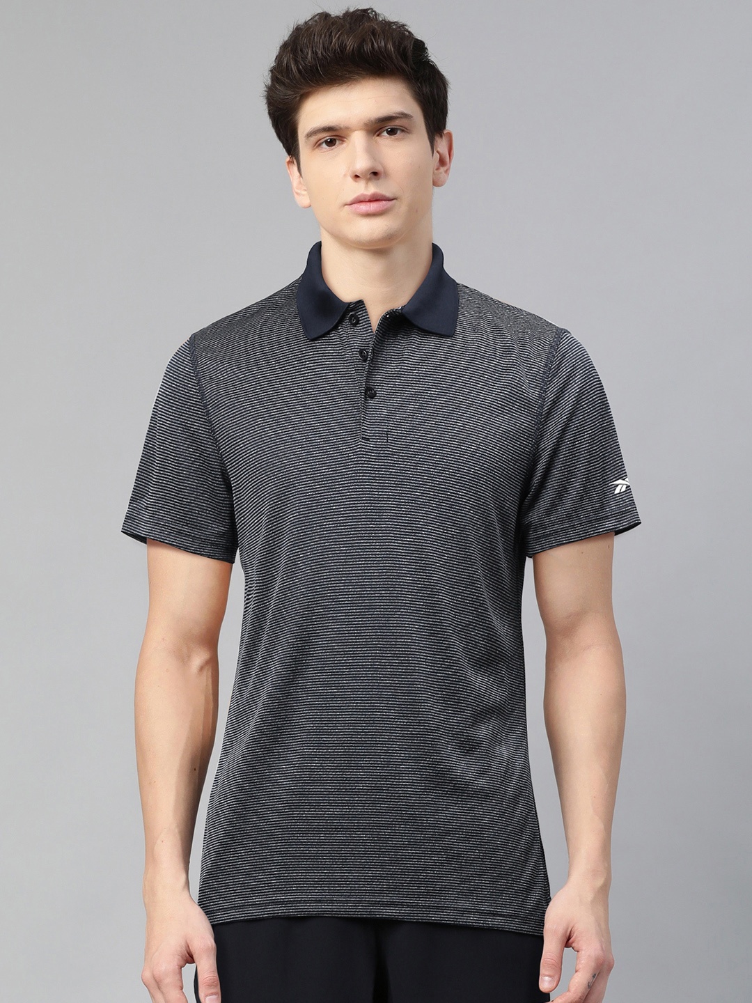 

Reebok Men Navy Blue & Off-White Striped Polo Collar Workout Ready Training T-shirt