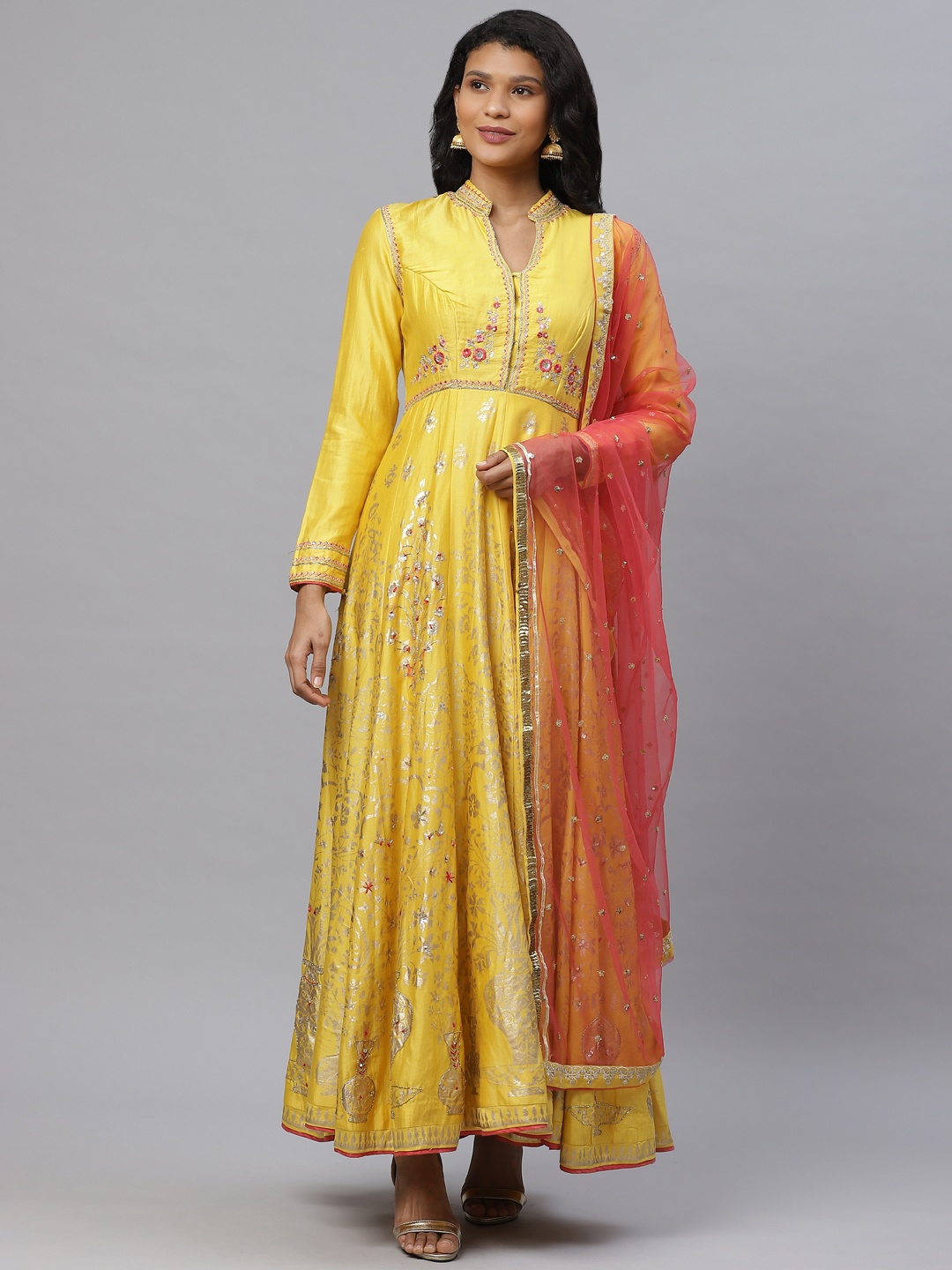 

Biba By Anju Modi Women Yellow & Coral Pink Printed Kurta with Churidar & Dupatta