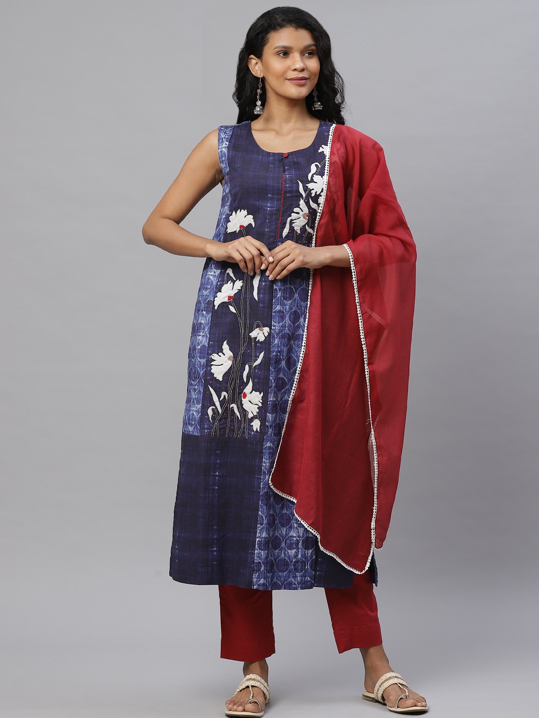 

Biba Women Navy Blue & Maroon Floral Printed Kurta with Trousers & Dupatta