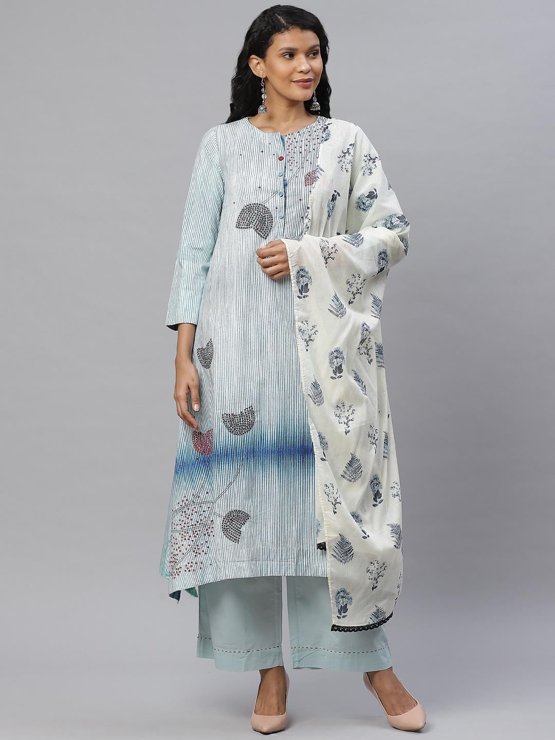 

Biba by Anju Modi Women Blue & White Striped Kurta with Palazzos & Dupatta