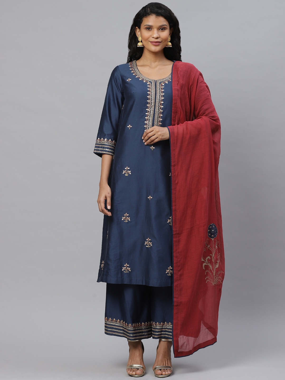 

Biba Women Teal Blue & Red Embroidered Kurta with Palazzos & Dupatta