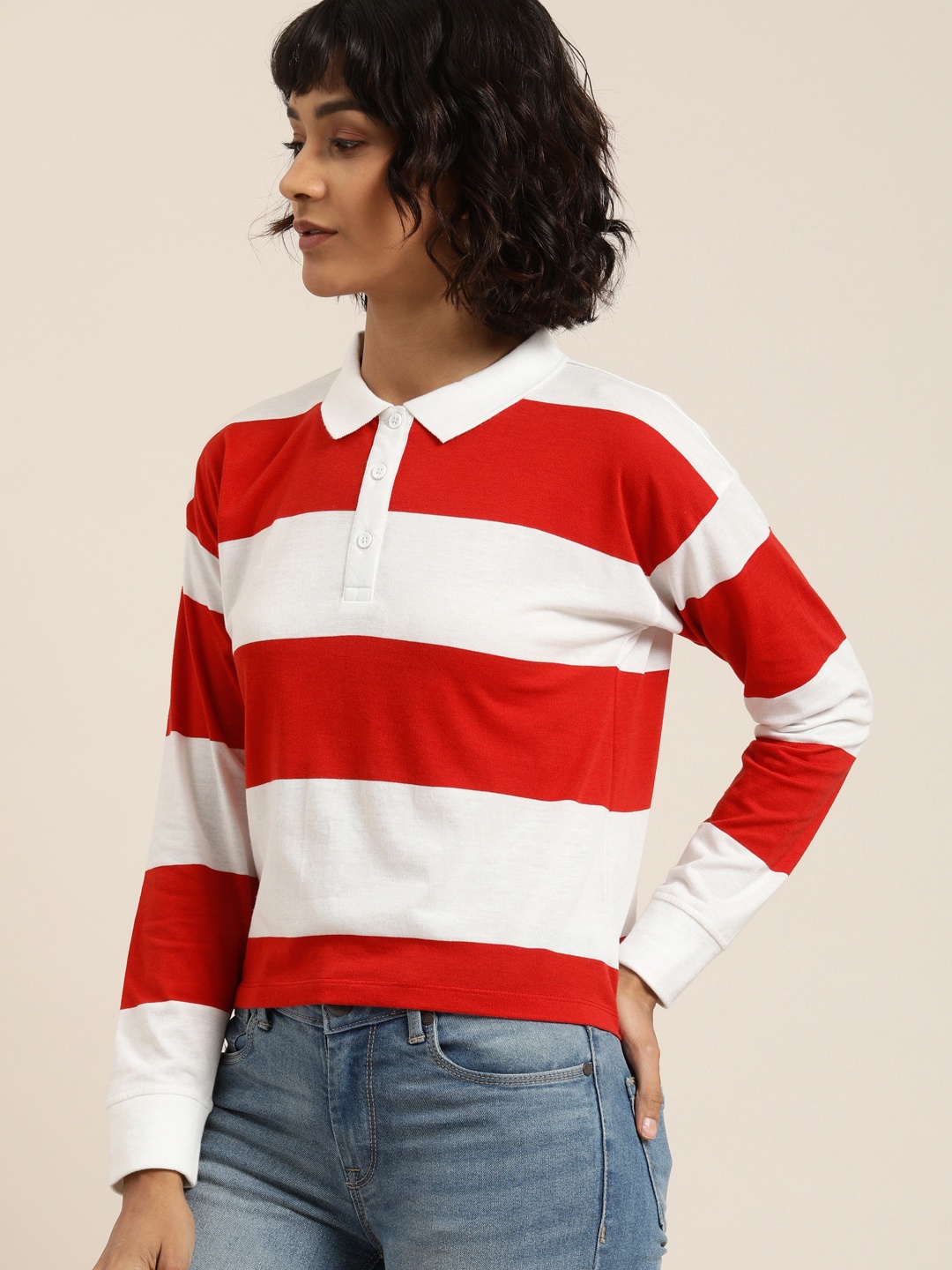 

Moda Rapido Women Red & White Striped Polo Collar T-shirt