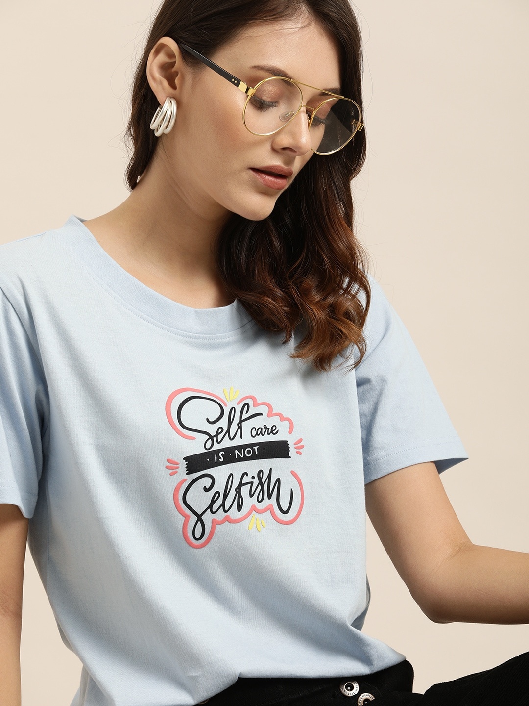 

Moda Rapido Women Blue Printed Round Neck Pure Cotton T-shirt