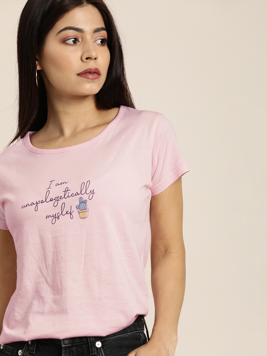 

Moda Rapido Women Pink Printed Round Neck Pure Cotton T-shirt