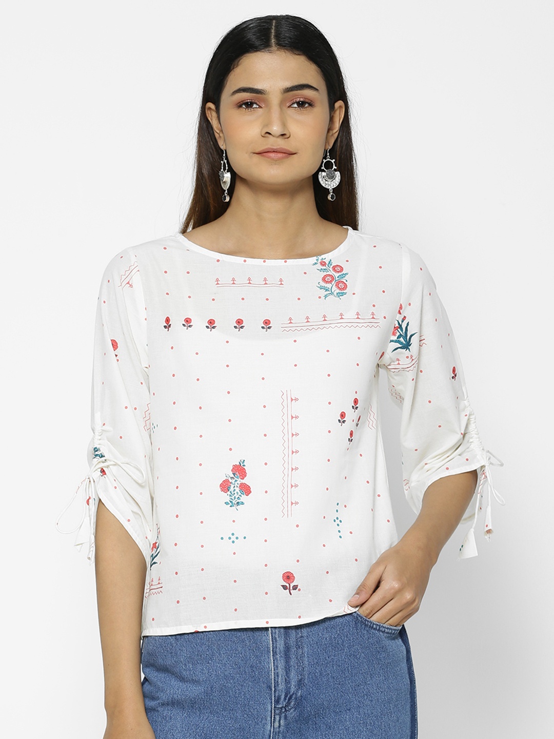 

Saaki Women Off-White & Red Floral Printed Embroidered Top