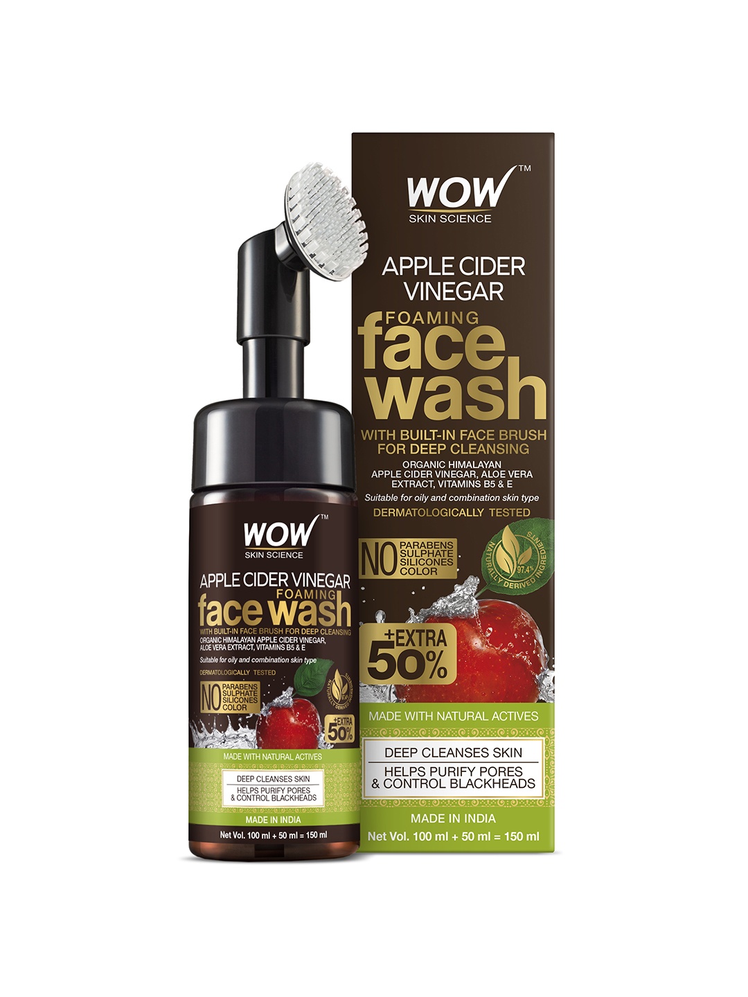 

WOW SKIN SCIENCE Apple Cider Vinegar Foaming Face Wash with Built-In Brush - 150 ML, Brown