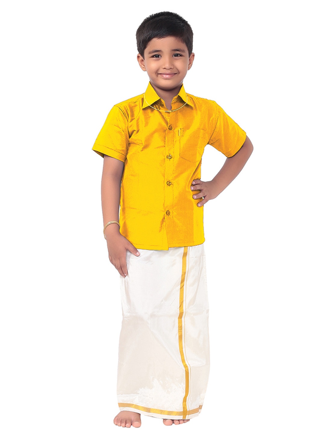 

Thangamagan Boys Yellow & White Self Attaching Strap Shirt and Veshti