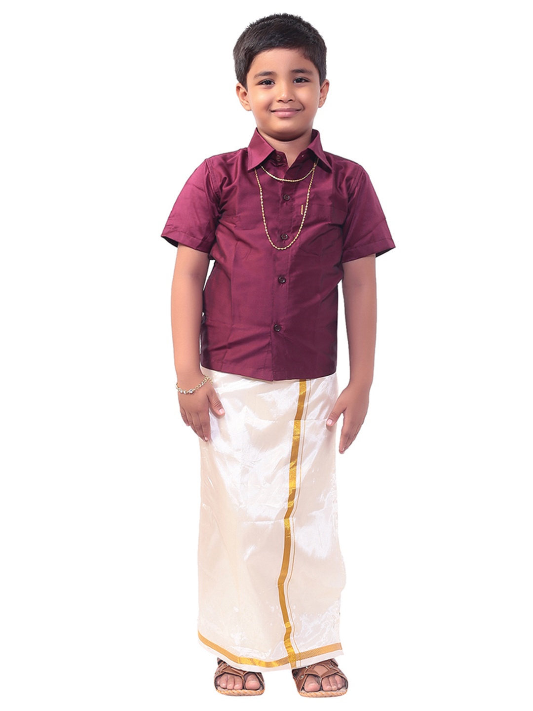 

Thangamagan Boys Maroon & White Solid Shirt and Veshti