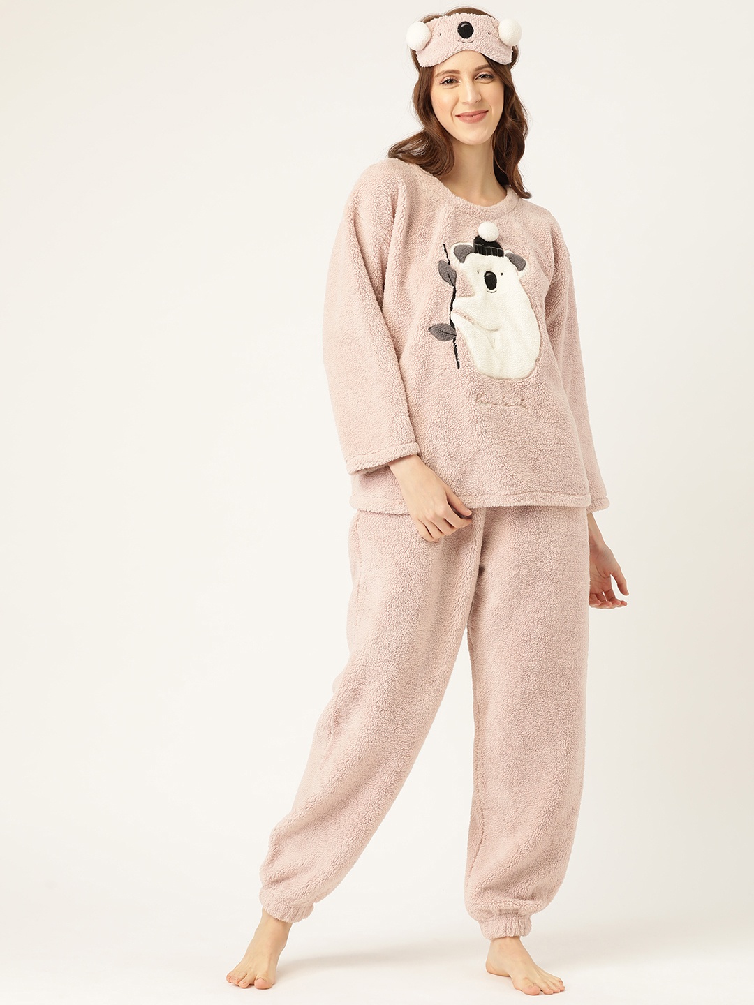 

LILL Women Peach-Coloured Applique Detail Fleece Winter Night Suit with Eye Mask